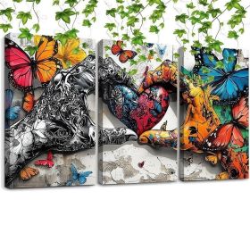 Framed 3pcs Graffiti Holding Hands Love Heart Canvas Wall Art Fashion Love Poster Painting Prints For Home Dining Room Living Room Wall Decor Art (Option: 16x12inch)